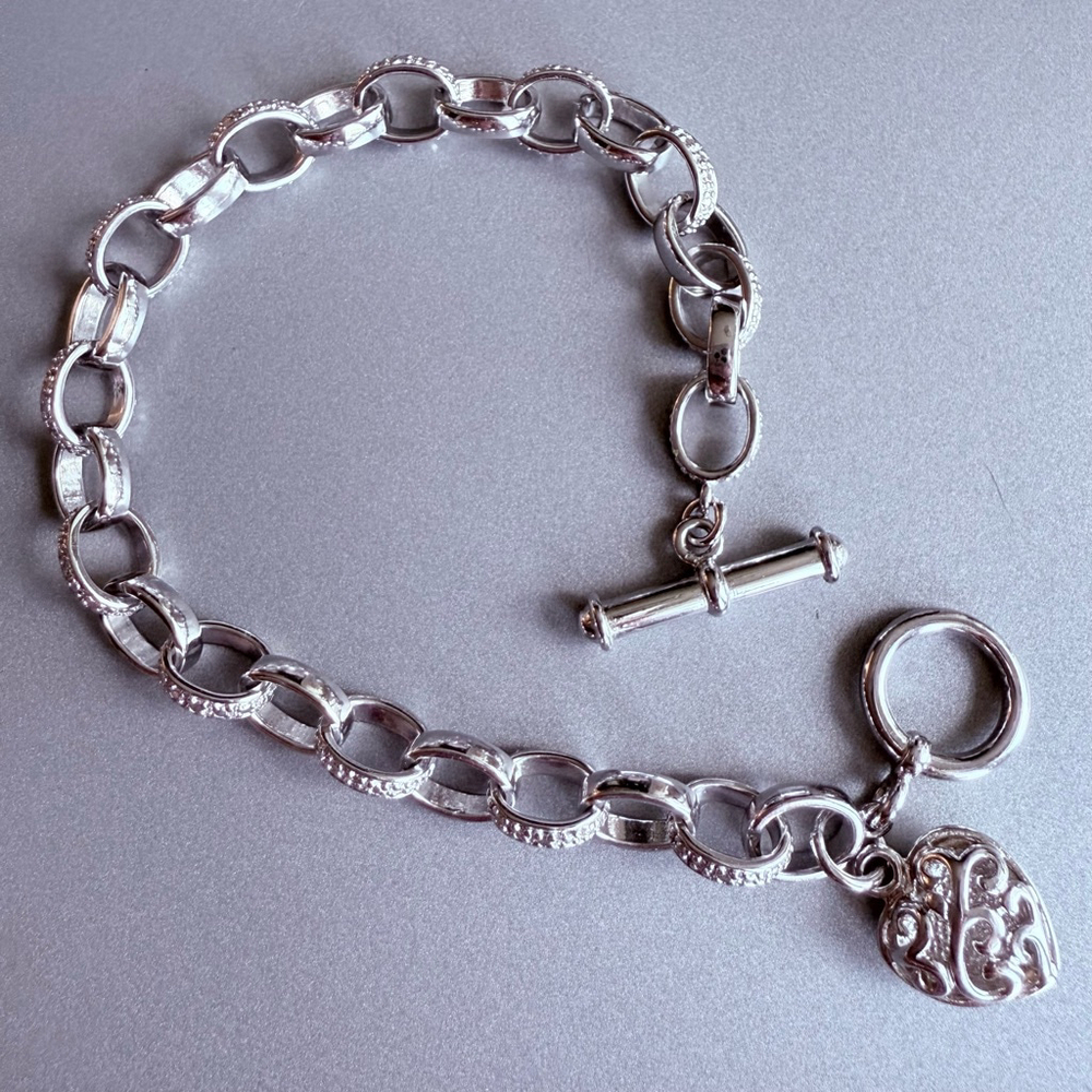 Sterling Silver 925 Eternity Link Diamond Heart Tag Charm Toggle Bracelet - Picture 6 of 8